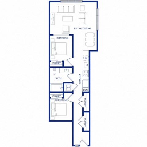 Floor plan for 2 beds, 1 bath, 889 sqft
